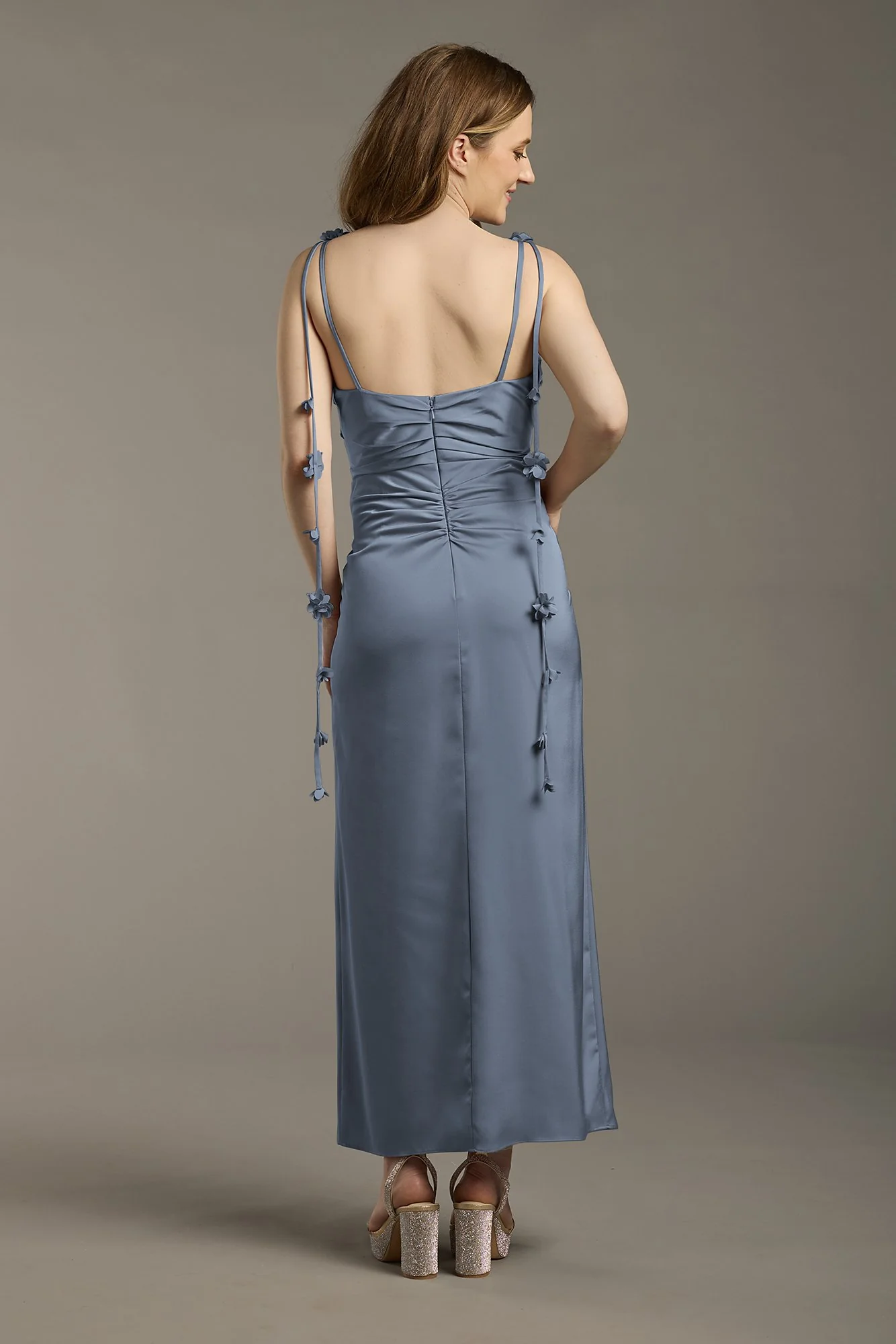 Matte Satin Floral Strap Midi Dress - Image 4