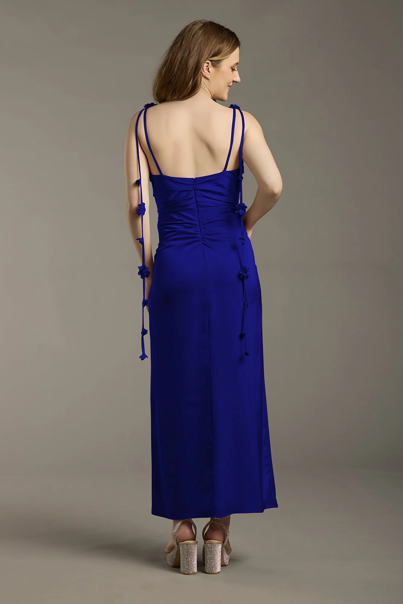 Matte Satin Floral Strap Midi Dress - Image 5