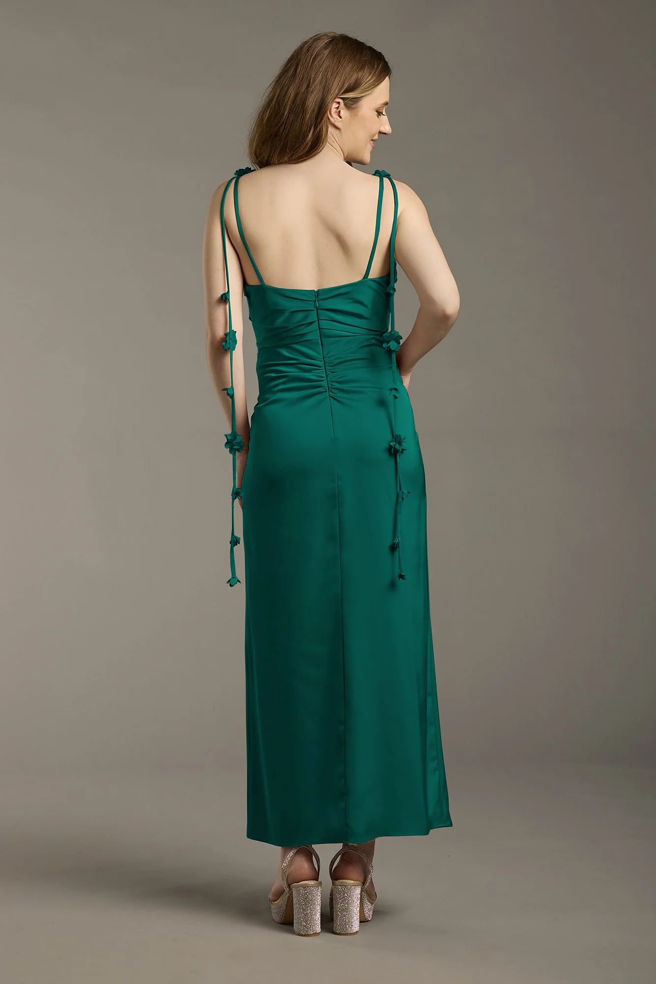 Matte Satin Floral Strap Midi Dress - Image 8