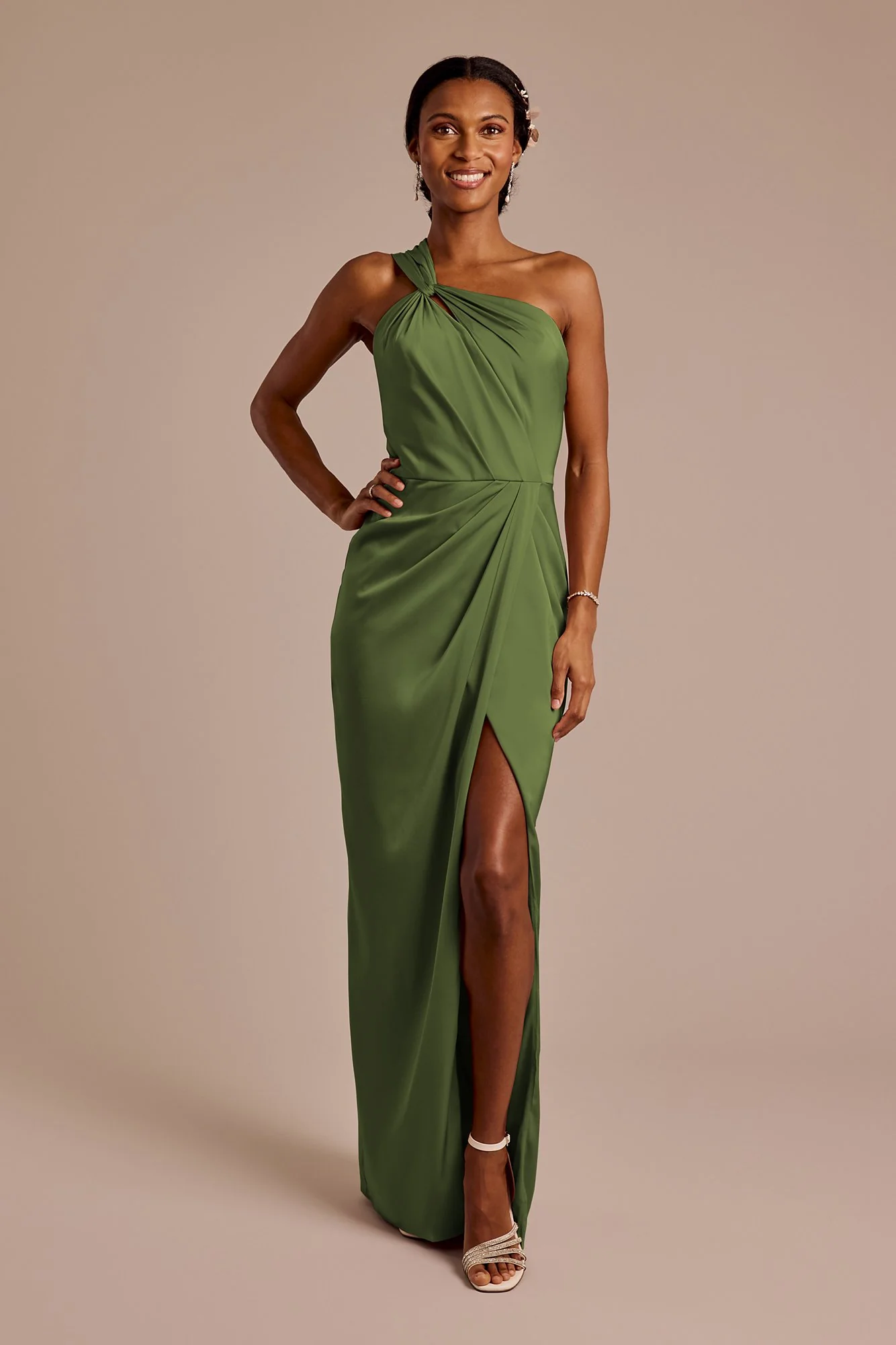 Matte Satin Knotted One-Shoulder Sheath Dress - Image 11
