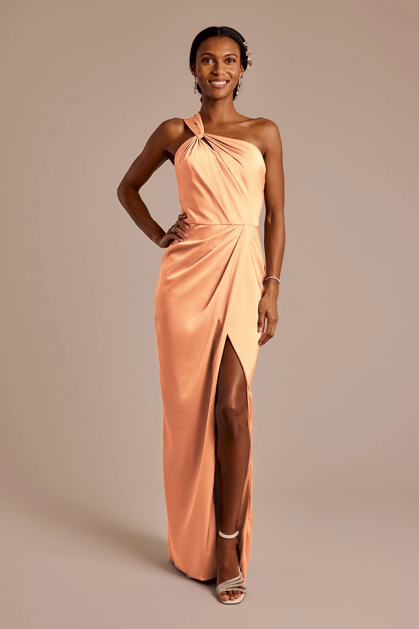 Matte Satin Knotted One-Shoulder Sheath Dress - Image 21
