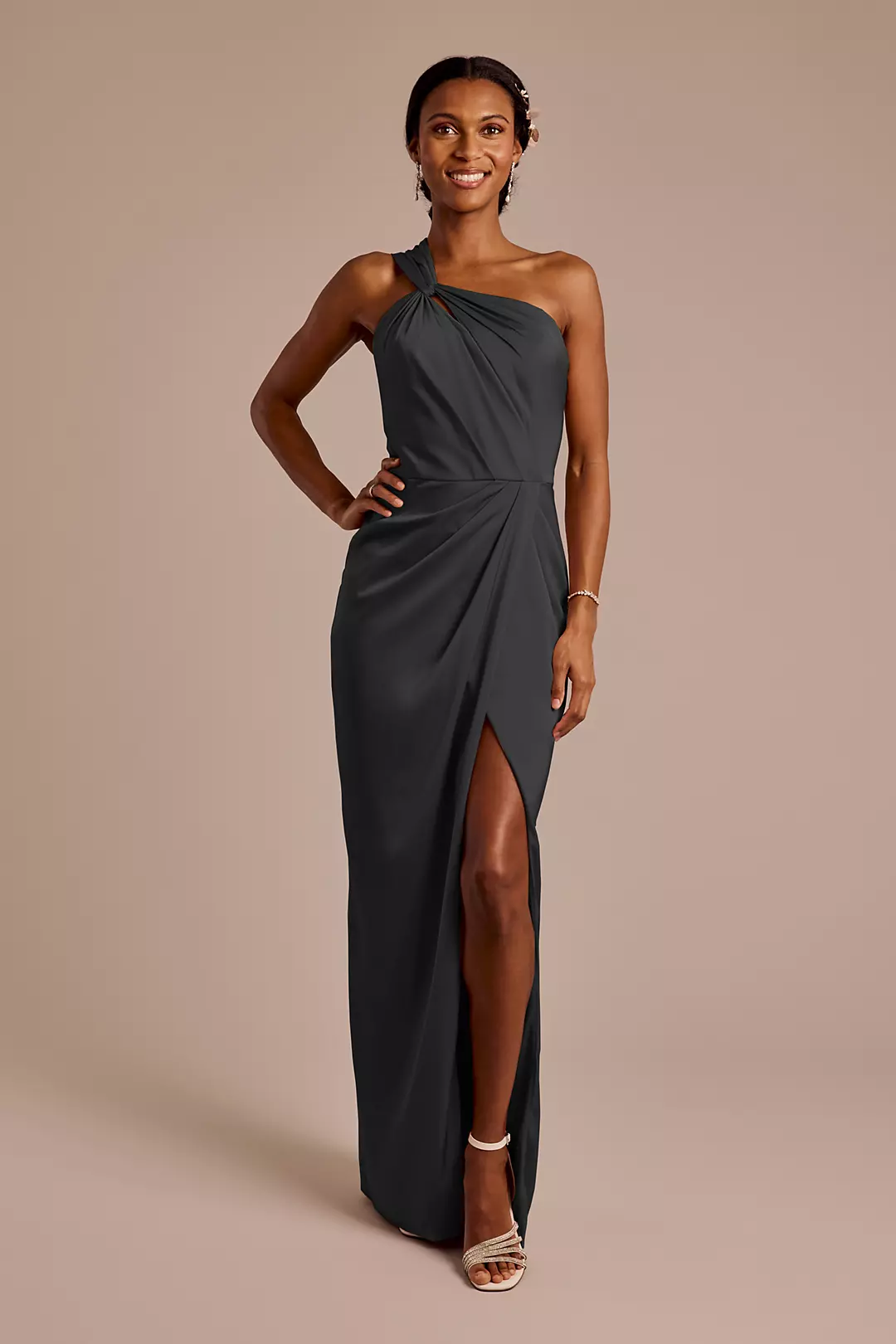 Matte Satin Knotted One-Shoulder Sheath Dress - Image 27