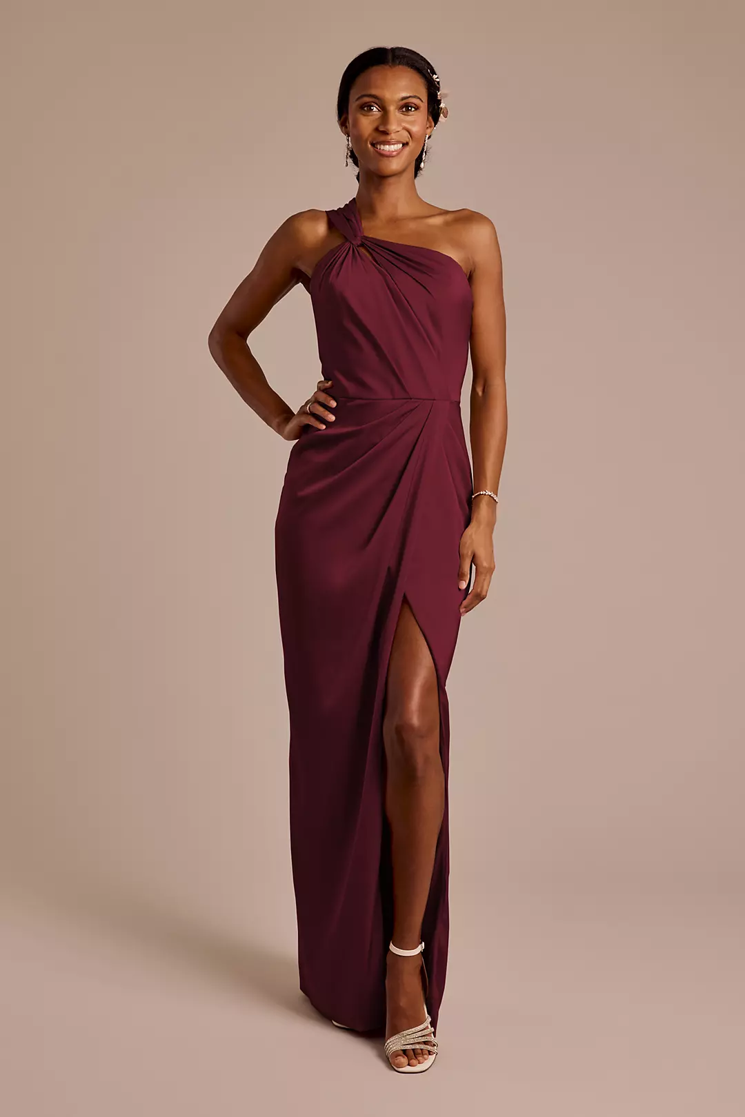 Matte Satin Knotted One-Shoulder Sheath Dress - Image 31