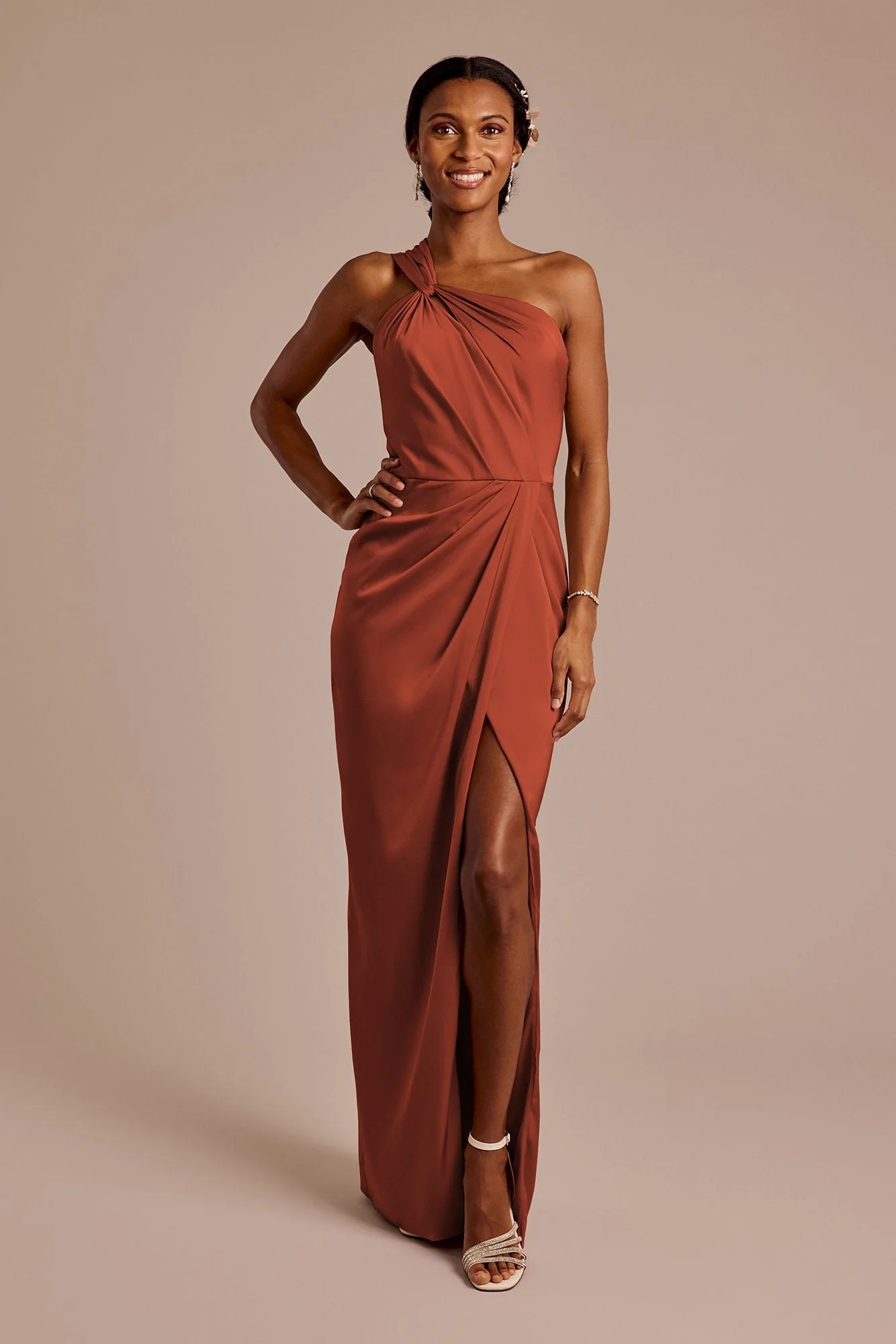 Matte Satin Knotted One-Shoulder Sheath Dress - Image 35