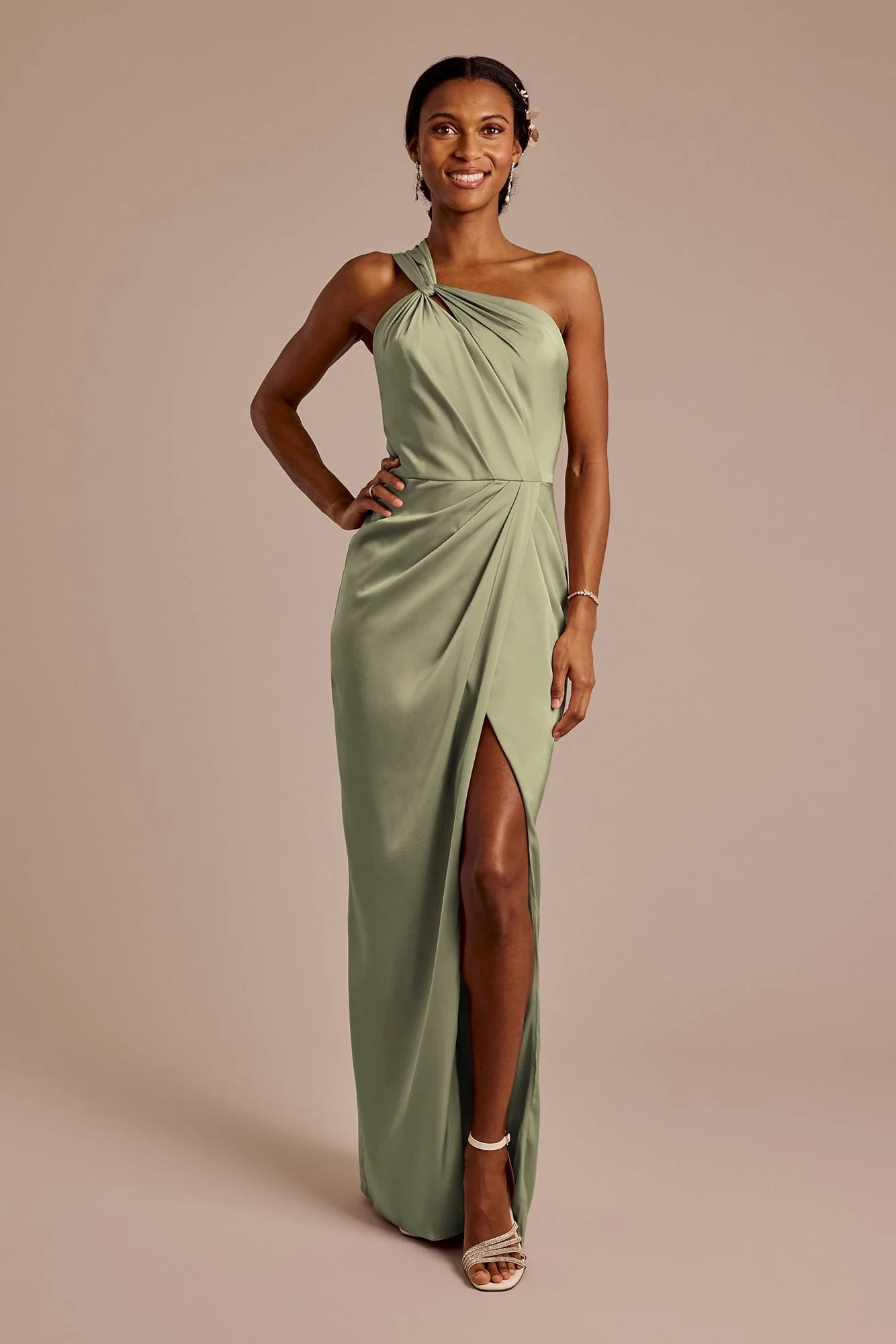 Matte Satin Knotted One-Shoulder Sheath Dress - Image 37