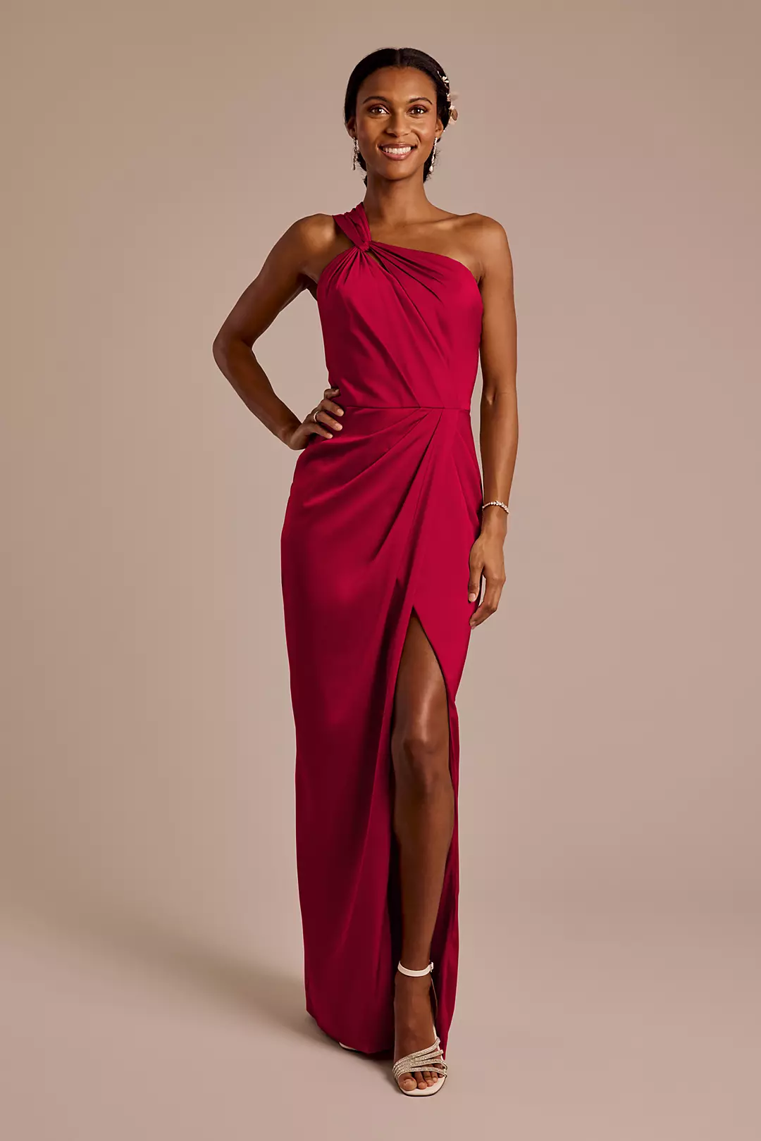Matte Satin Knotted One-Shoulder Sheath Dress - Image 42