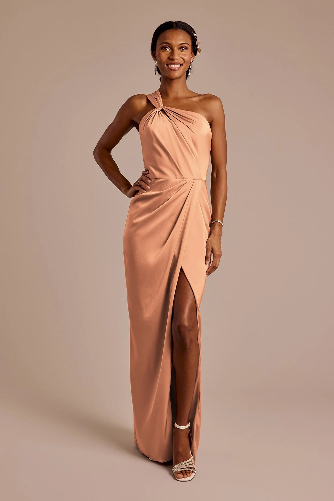 Matte Satin Knotted One-Shoulder Sheath Dress - Image 45