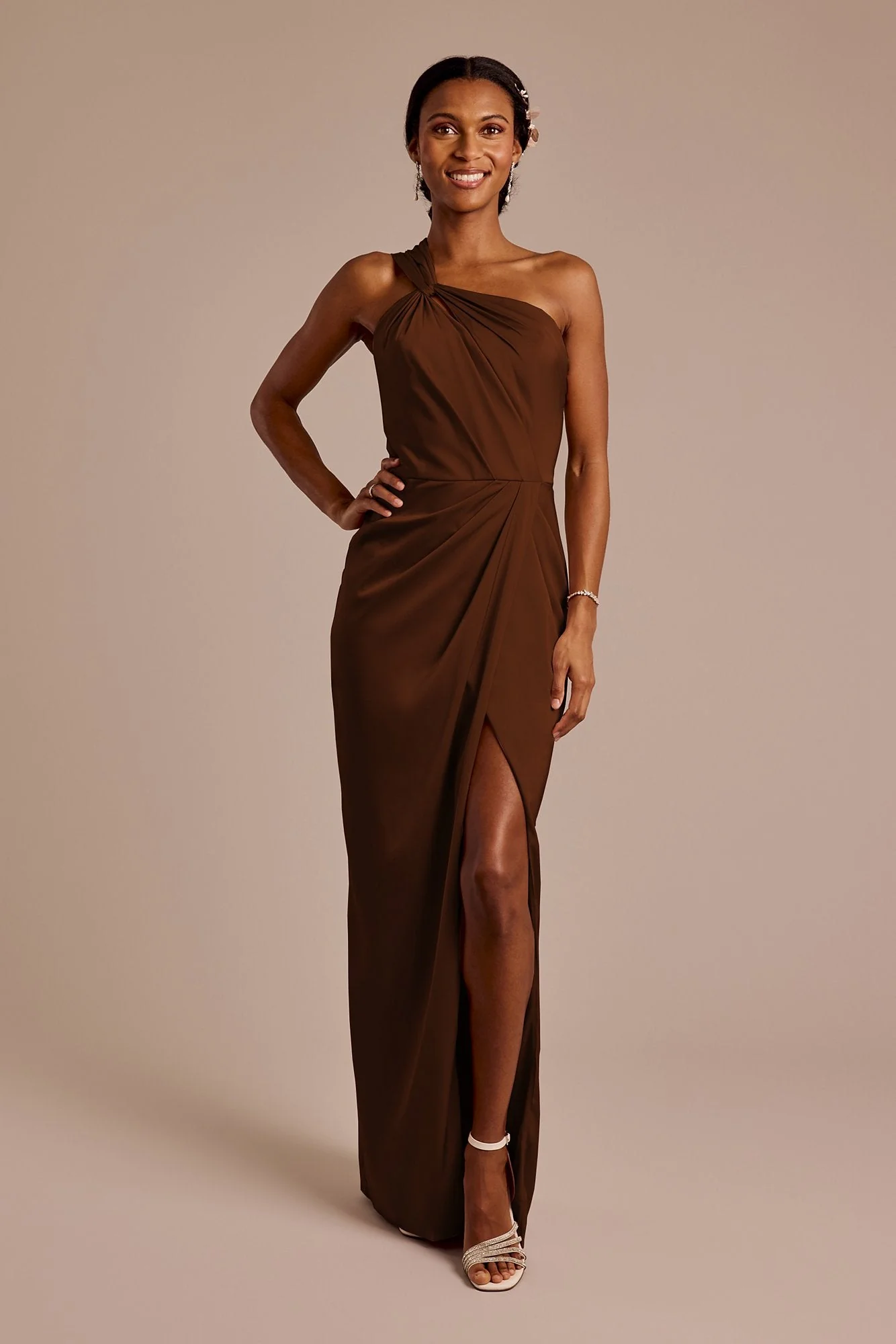 Matte Satin Knotted One-Shoulder Sheath Dress - Image 48