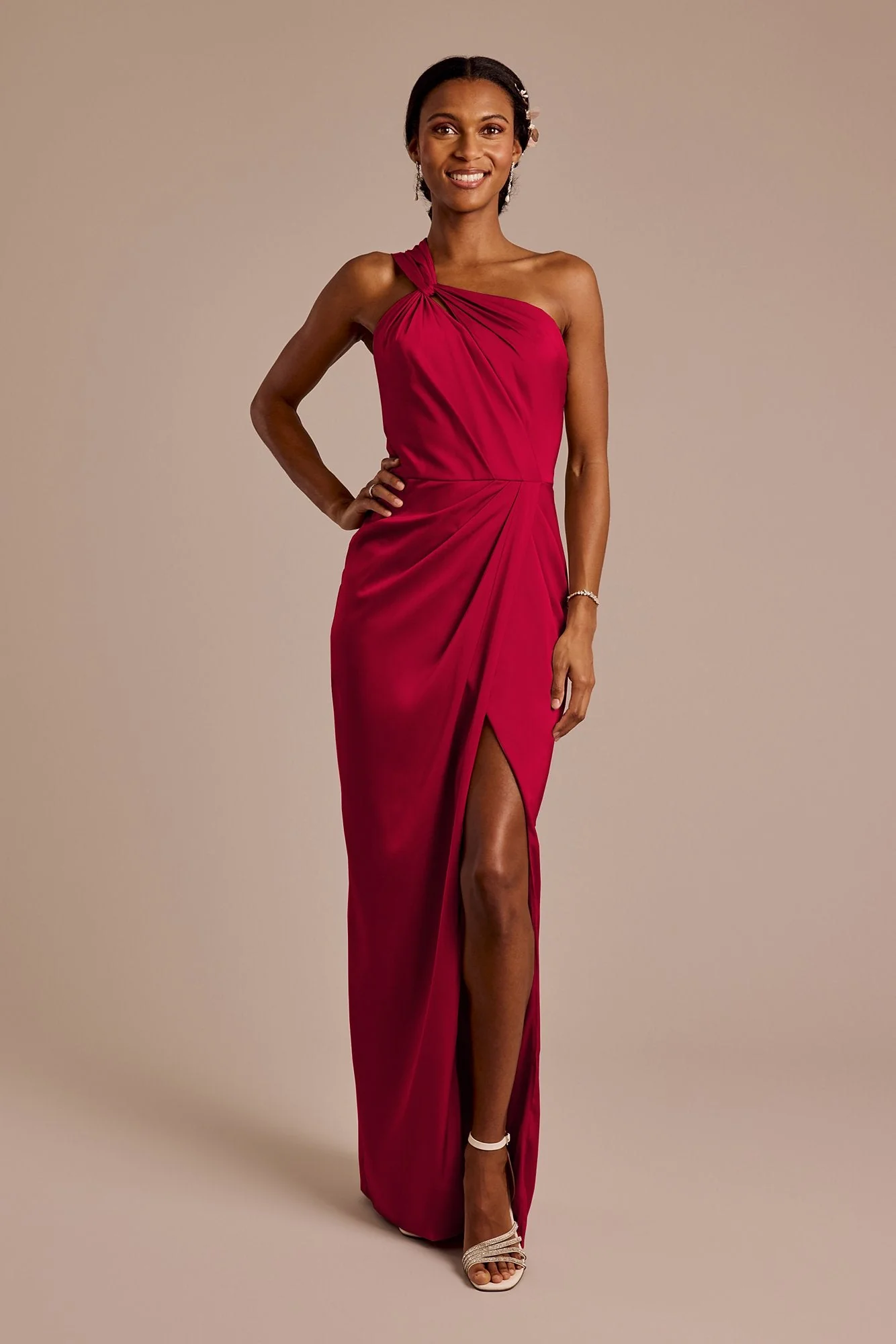 Matte Satin Knotted One-Shoulder Sheath Dress - Image 52