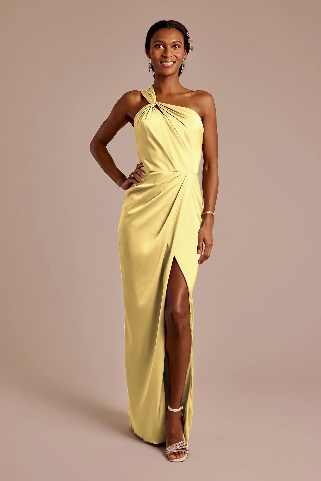 Matte Satin Knotted One-Shoulder Sheath Dress - Image 6