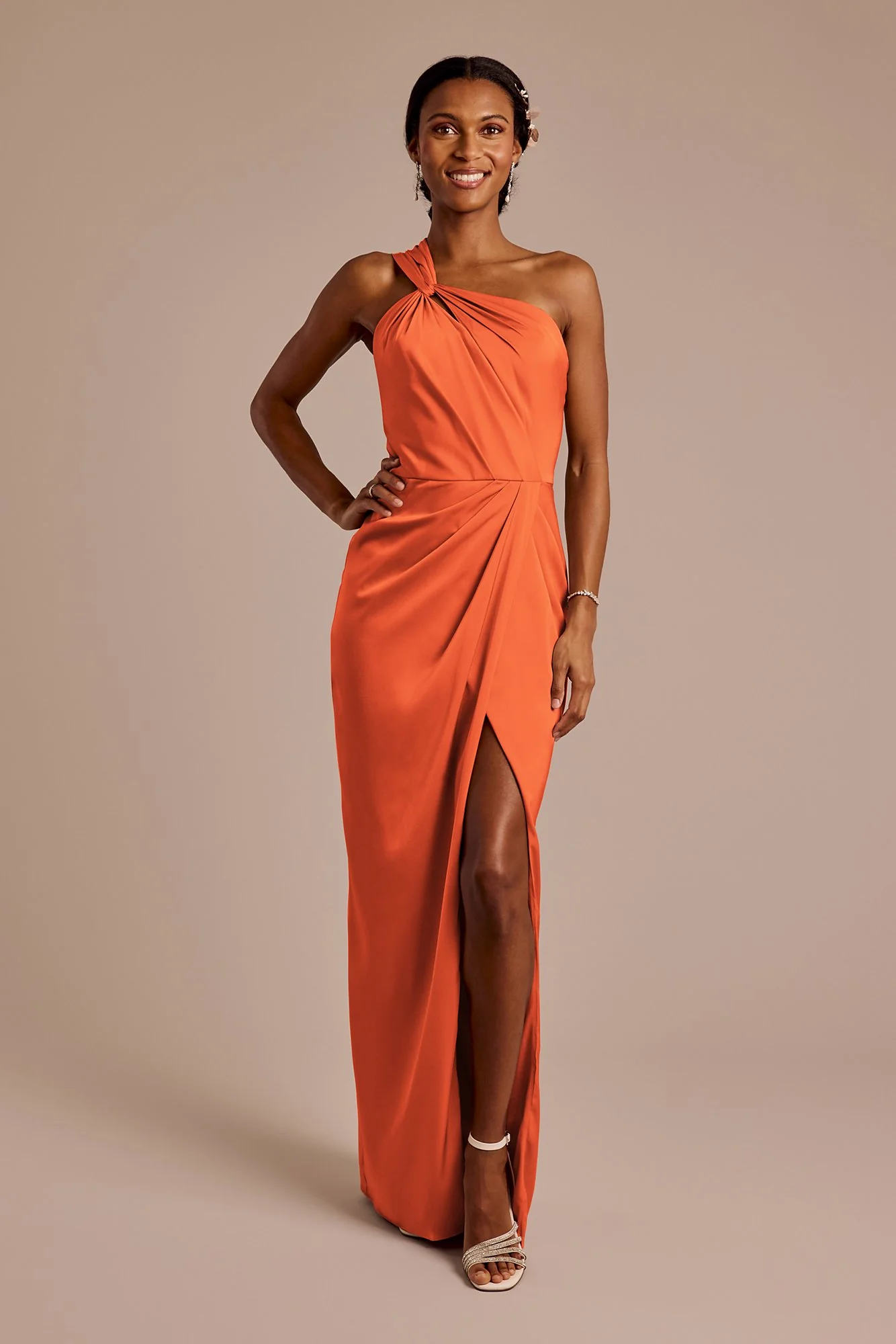 Matte Satin Knotted One-Shoulder Sheath Dress - Image 9