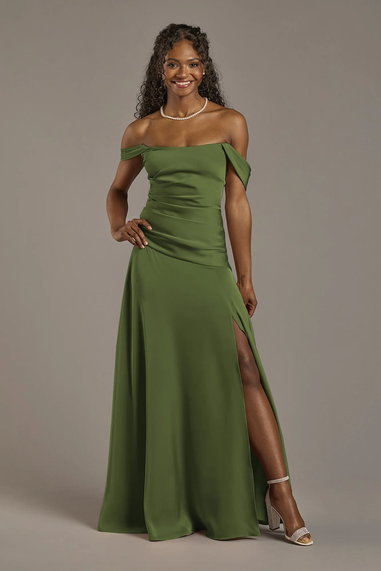 Matte Satin Off-the-Shoulder Drop Waist Dress - Image 13