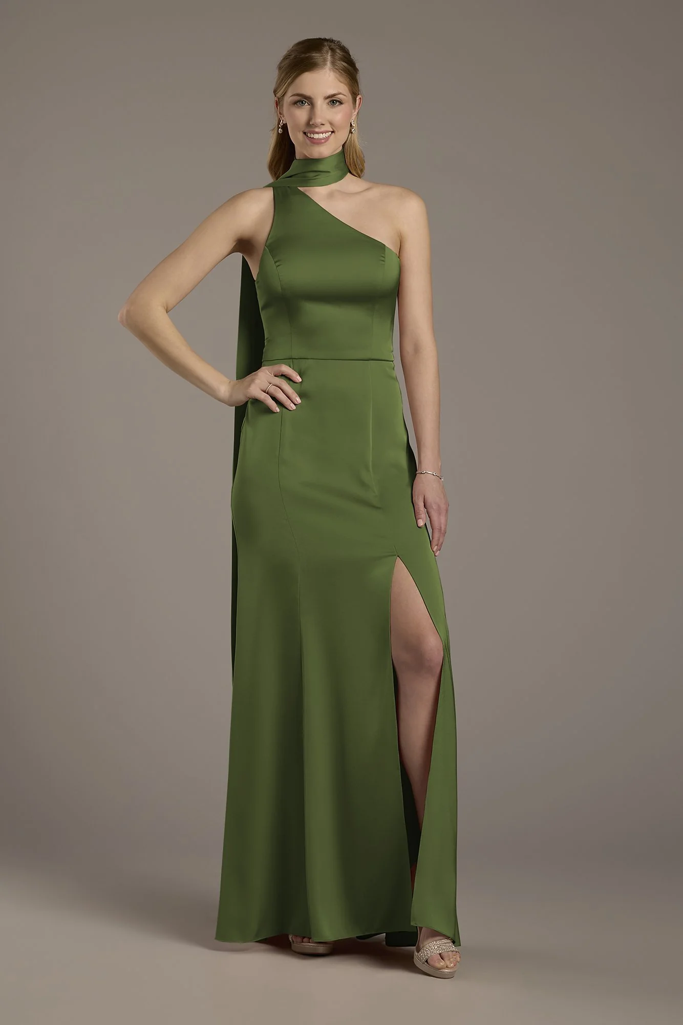Matte Satin One-Shoulder A-Line Dress with Scarf - Image 12