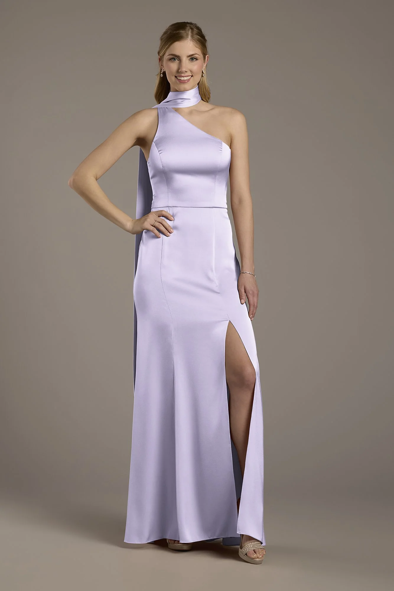 Matte Satin One-Shoulder A-Line Dress with Scarf - Image 13
