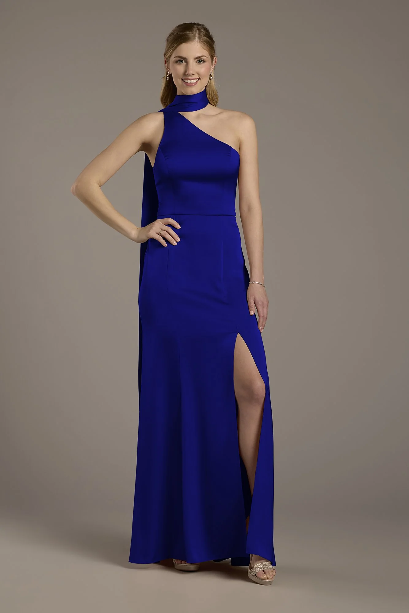 Matte Satin One-Shoulder A-Line Dress with Scarf - Image 21