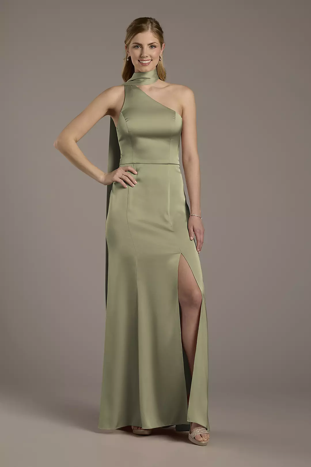 Matte Satin One-Shoulder A-Line Dress with Scarf - Image 31