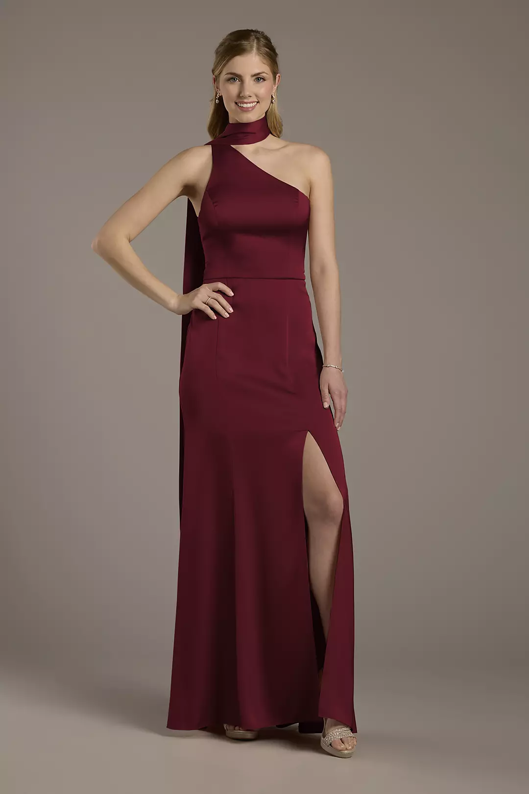 Matte Satin One-Shoulder A-Line Dress with Scarf - Image 35