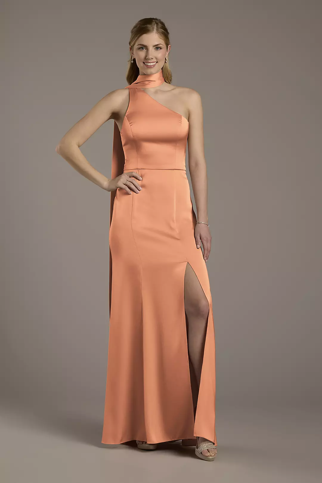 Matte Satin One-Shoulder A-Line Dress with Scarf - Image 36