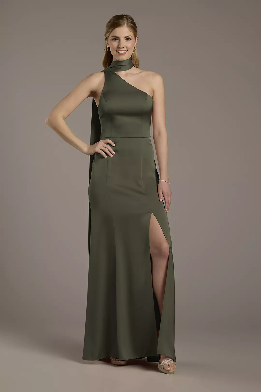 Matte Satin One-Shoulder A-Line Dress with Scarf - Image 38