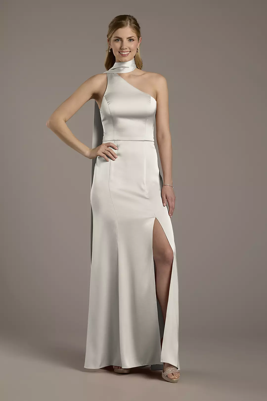 Matte Satin One-Shoulder A-Line Dress with Scarf - Image 39
