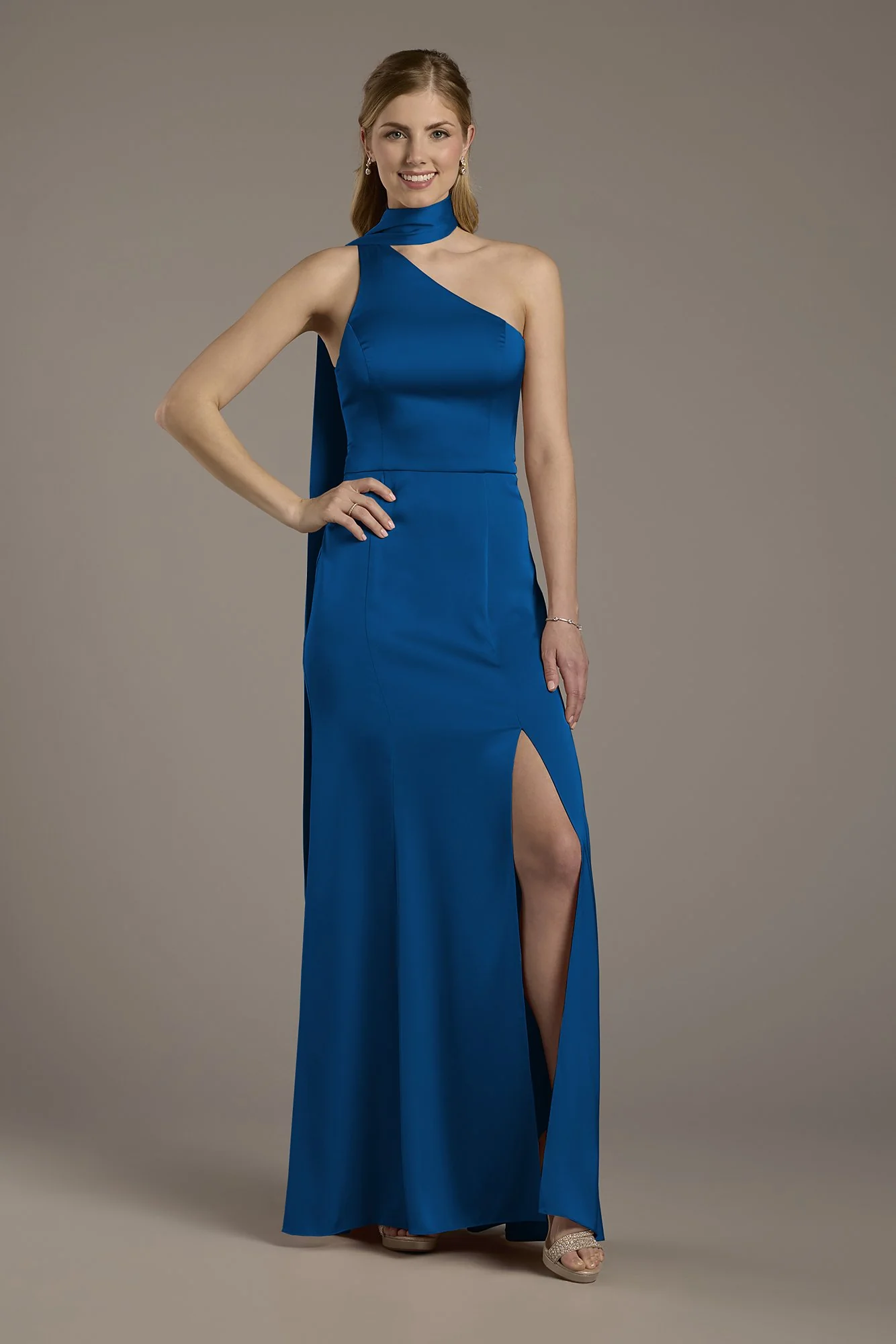 Matte Satin One-Shoulder A-Line Dress with Scarf - Image 4