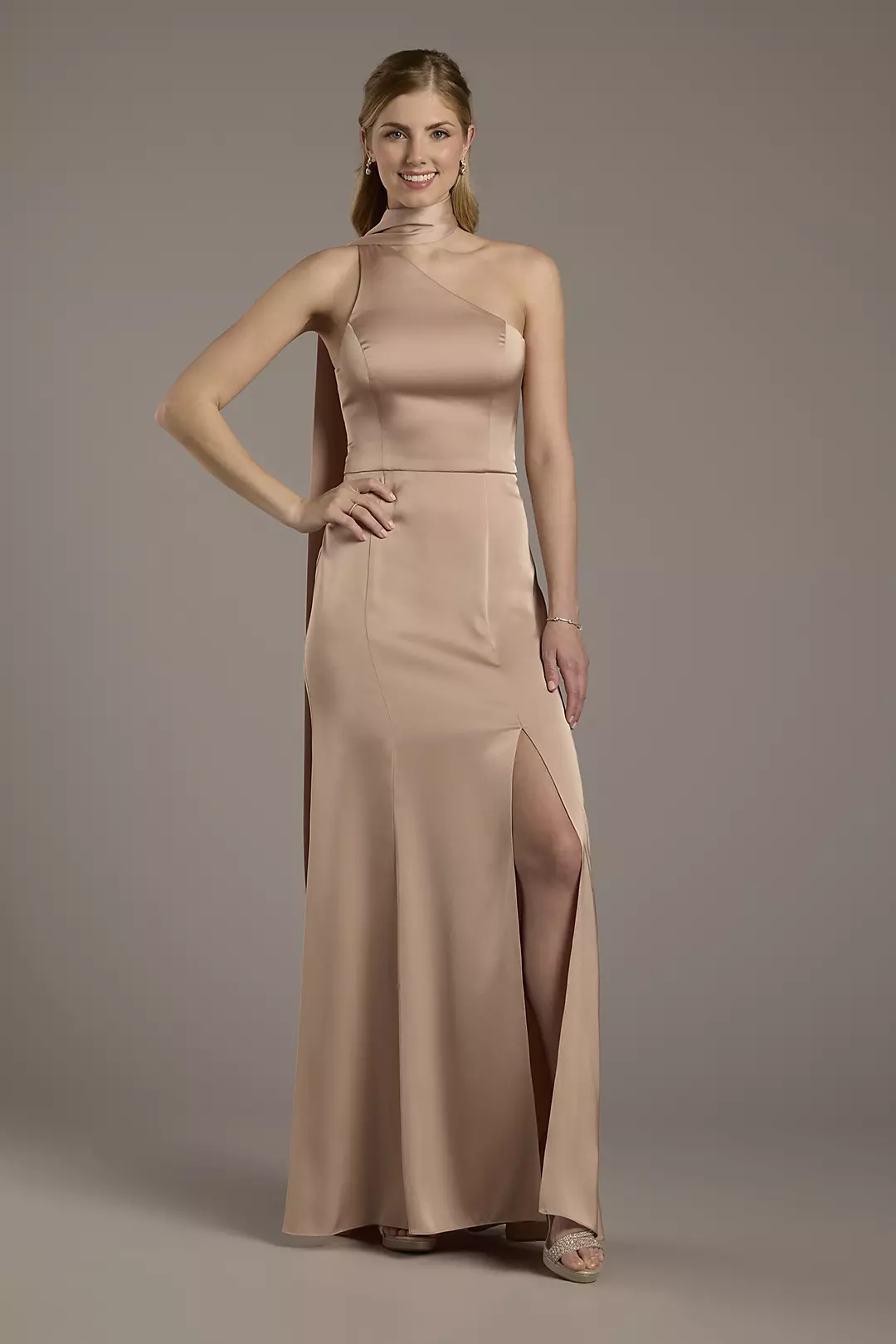 Matte Satin One-Shoulder A-Line Dress with Scarf - Image 40