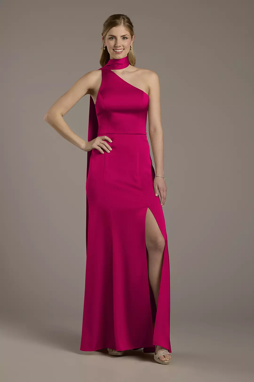 Matte Satin One-Shoulder A-Line Dress with Scarf - Image 41