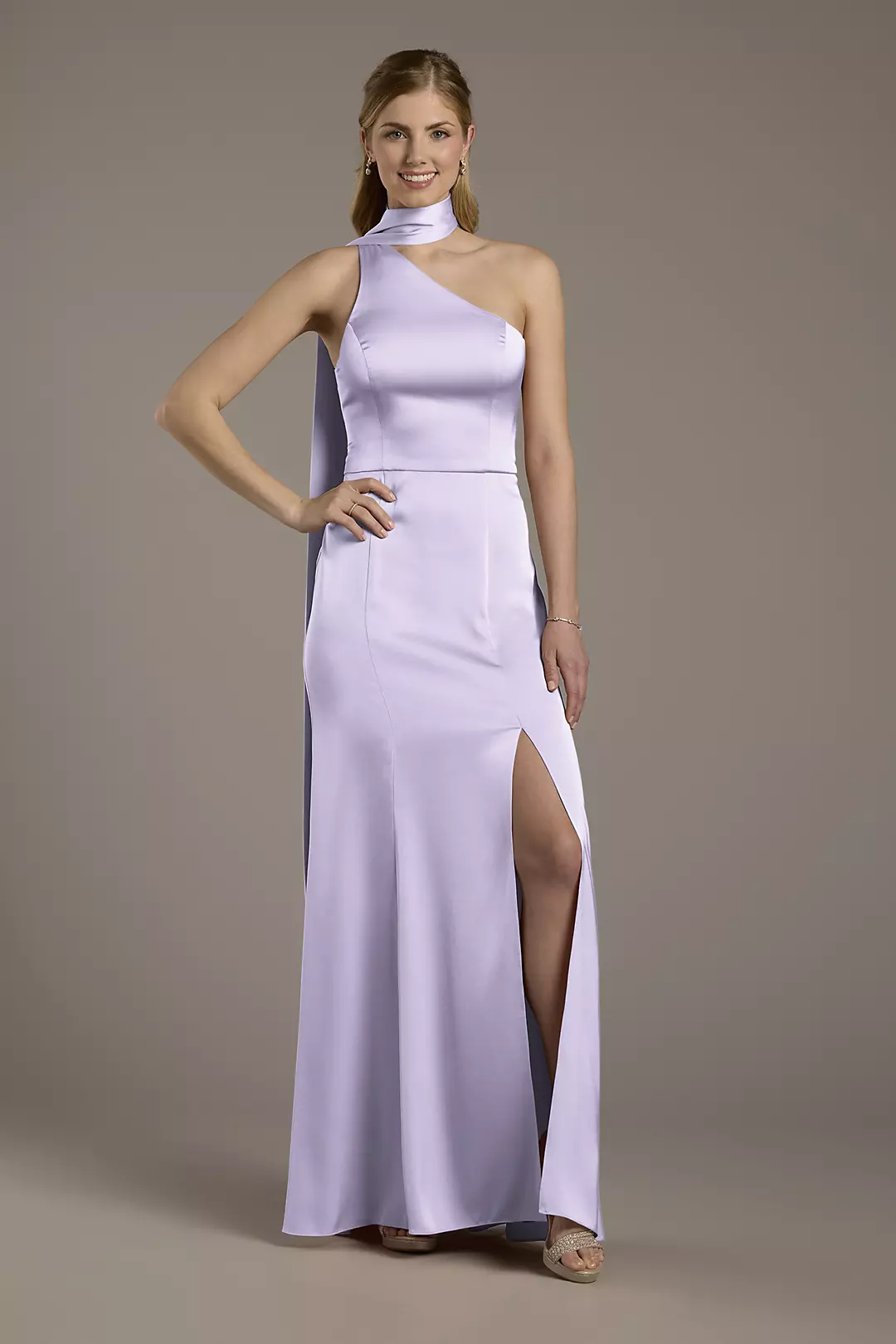 Matte Satin One-Shoulder A-Line Dress with Scarf - Image 46