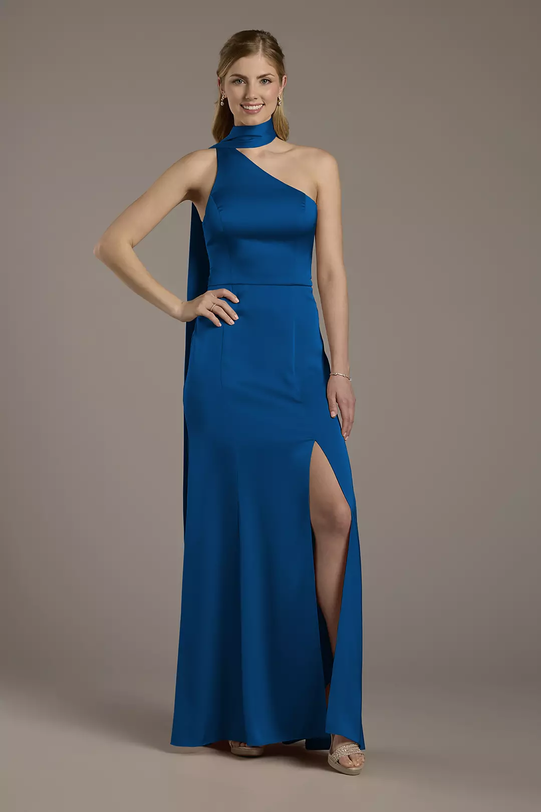 Matte Satin One-Shoulder A-Line Dress with Scarf - Image 47