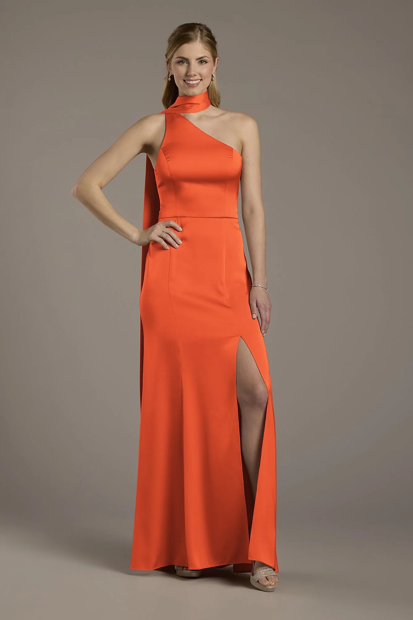 Matte Satin One-Shoulder A-Line Dress with Scarf - Image 5