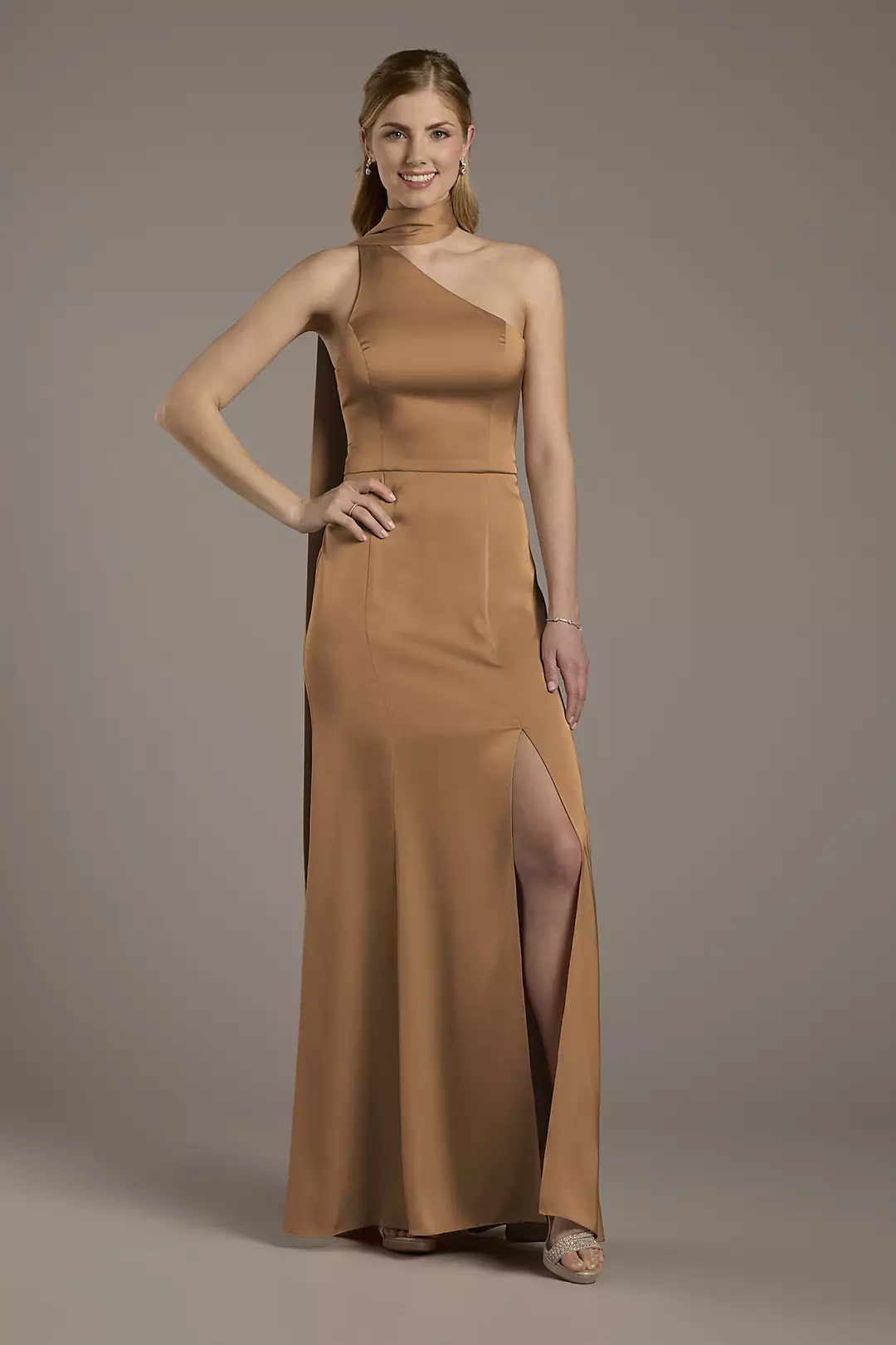 Matte Satin One-Shoulder A-Line Dress with Scarf - Image 52
