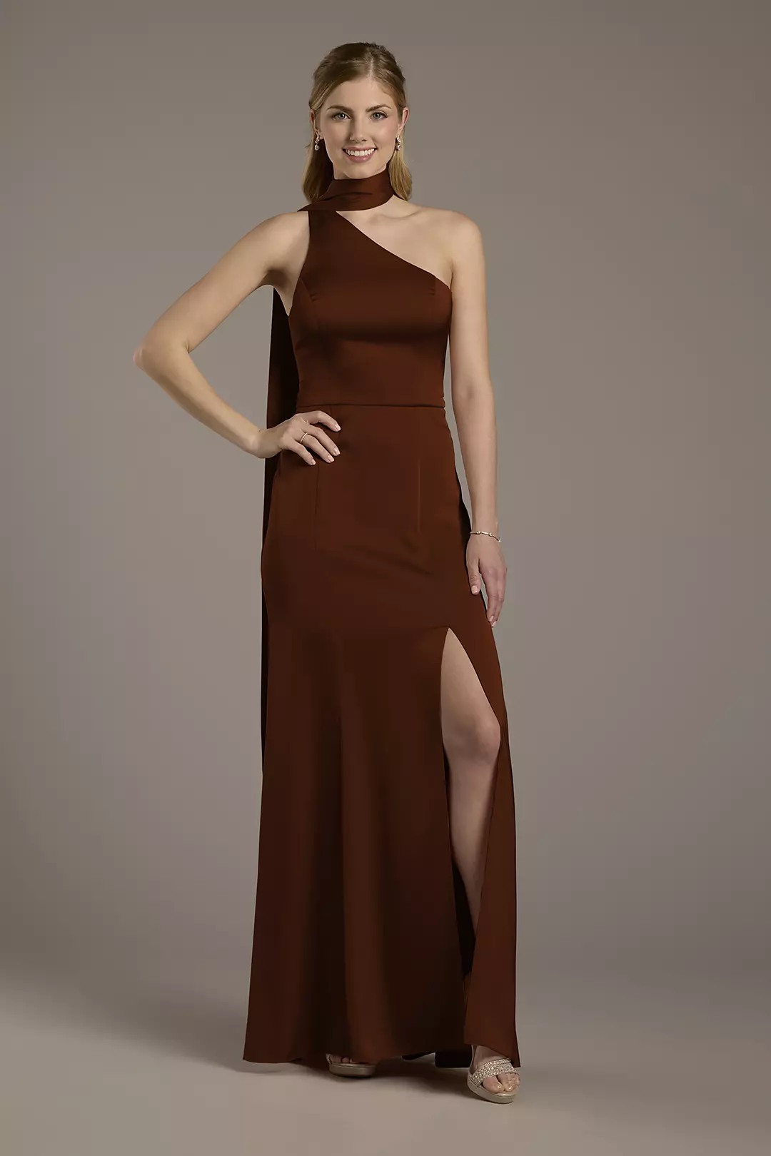 Matte Satin One-Shoulder A-Line Dress with Scarf - Image 53
