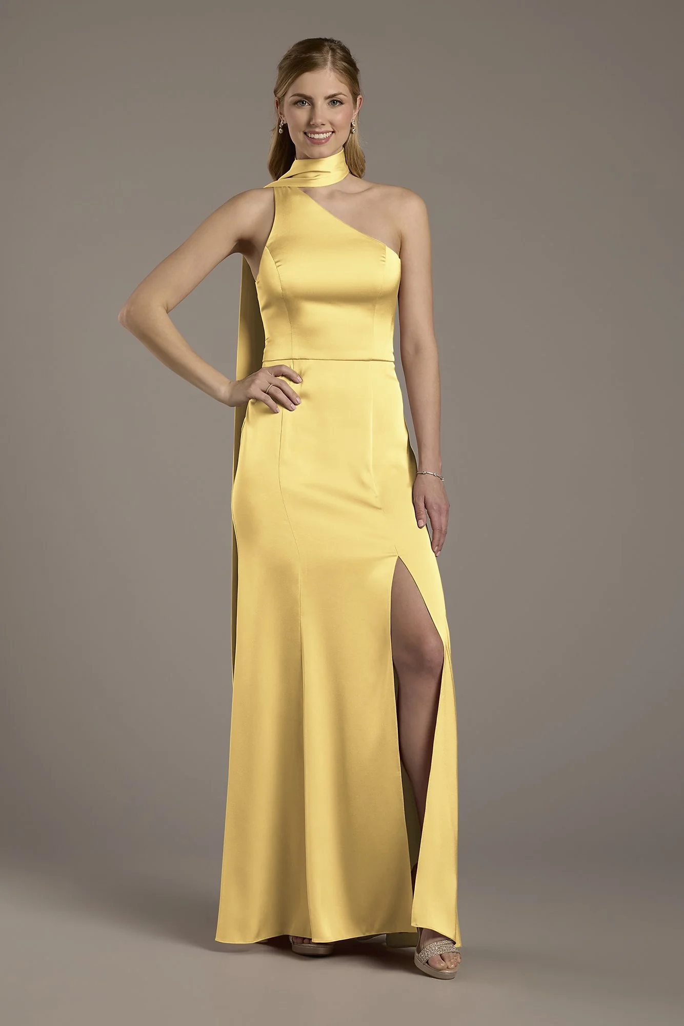 Matte Satin One-Shoulder A-Line Dress with Scarf - Image 6
