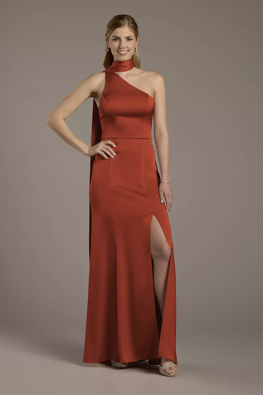 Matte Satin One-Shoulder A-Line Dress with Scarf - Image 60