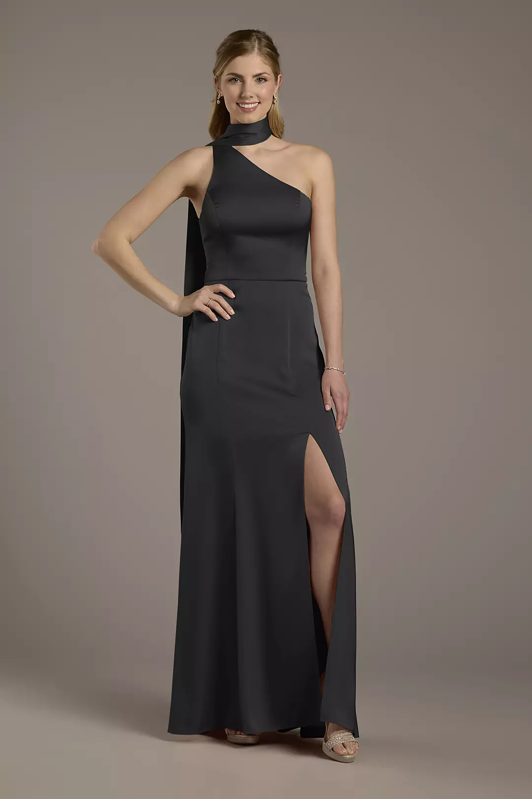 Matte Satin One-Shoulder A-Line Dress with Scarf - Image 62