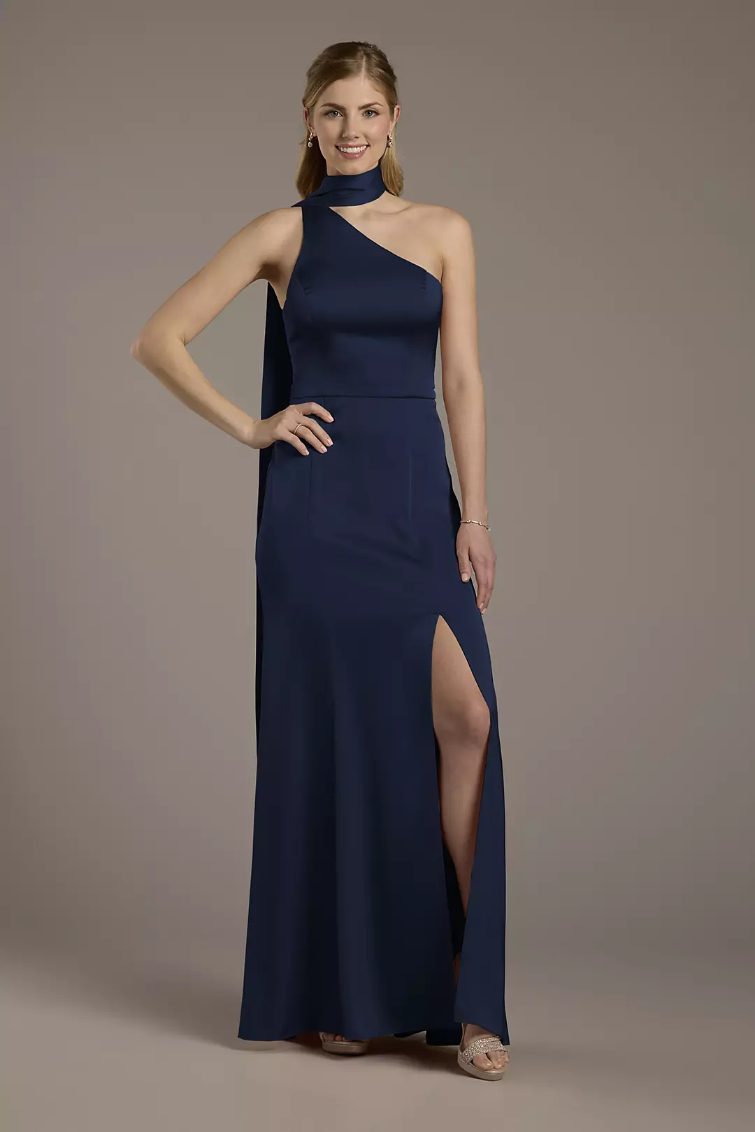 Matte Satin One-Shoulder A-Line Dress with Scarf - Image 63
