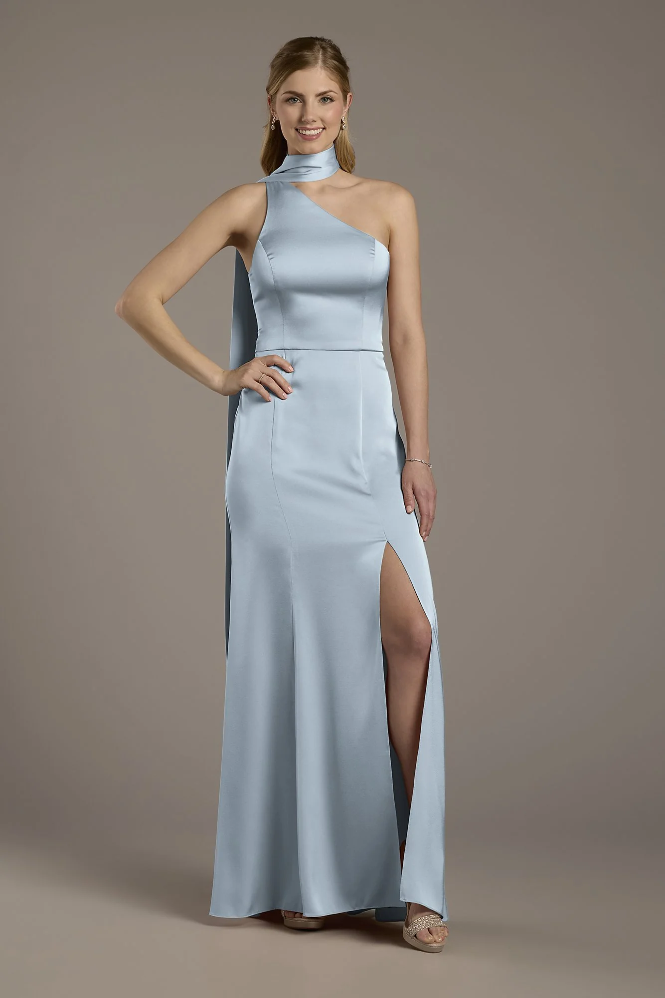 Matte Satin One-Shoulder A-Line Dress with Scarf - Image 7