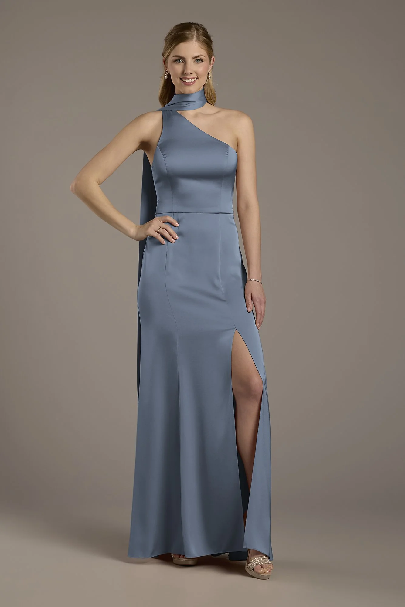 Matte Satin One-Shoulder A-Line Dress with Scarf - Image 8