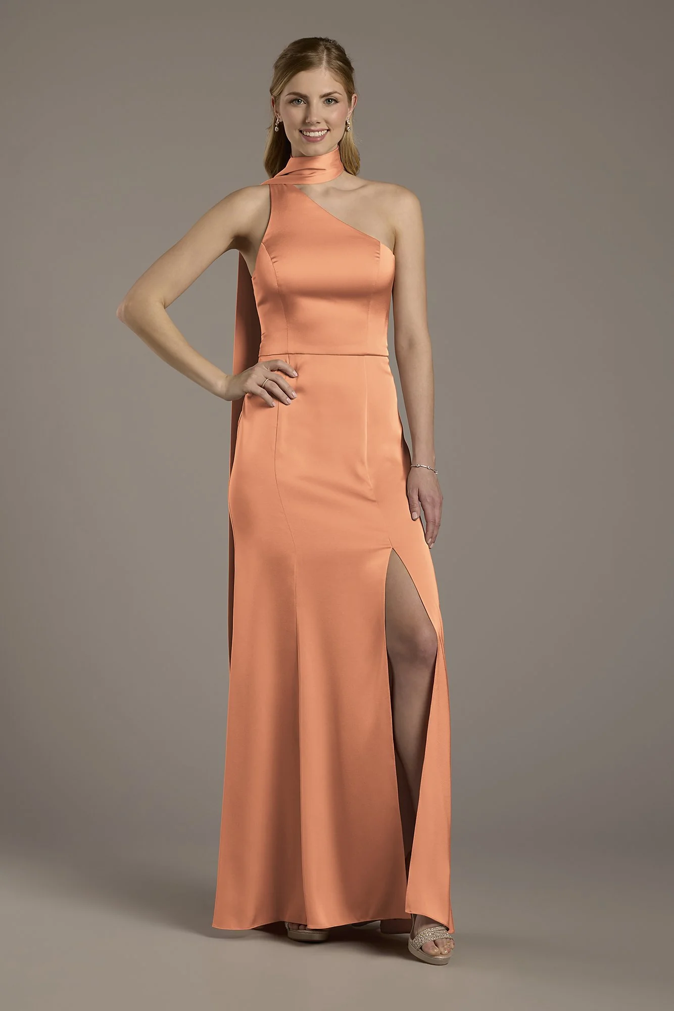 Matte Satin One-Shoulder A-Line Dress with Scarf - Image 9