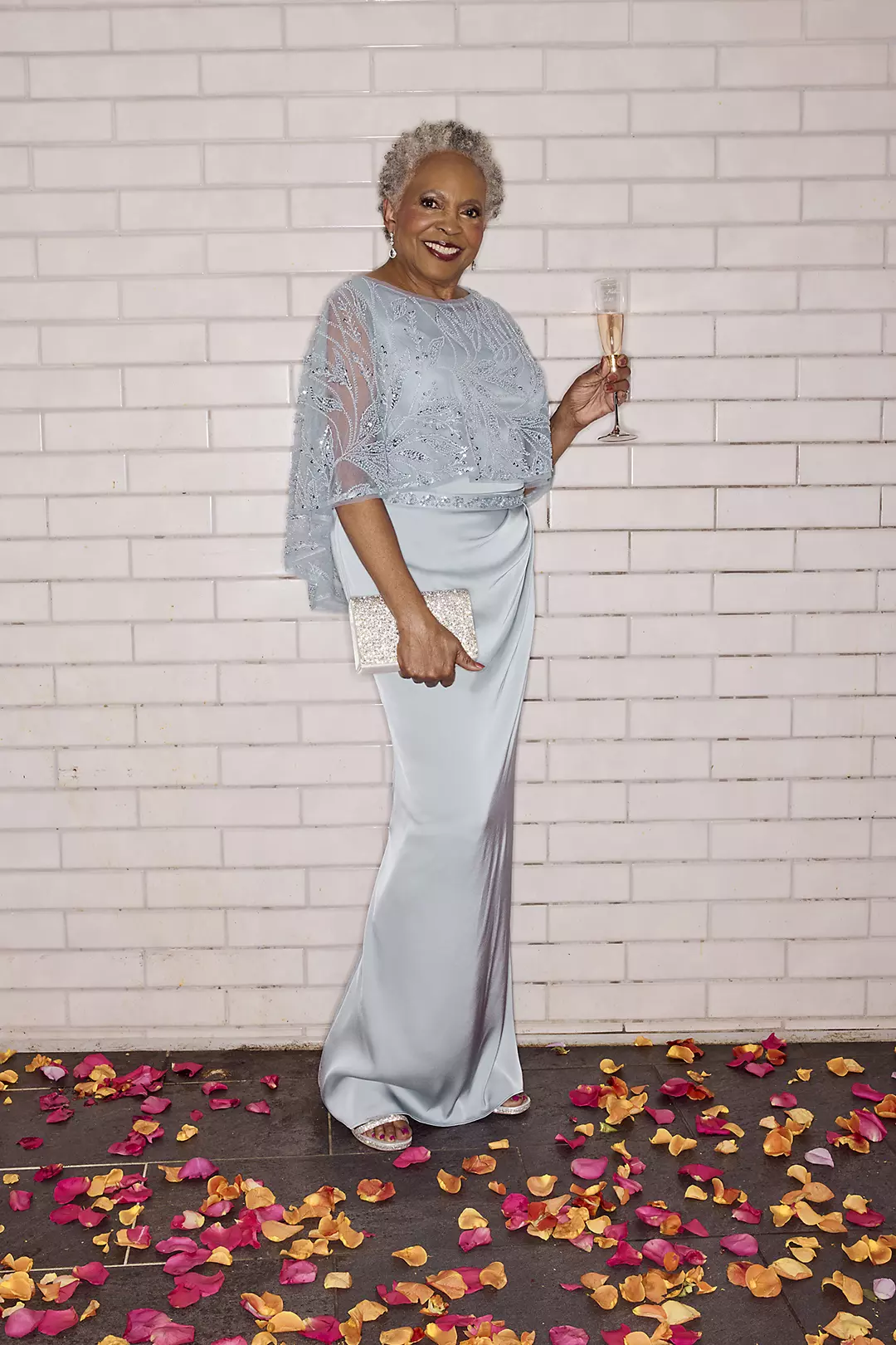 Matte Satin Sheath Dress with Beaded Capelet - Image 5