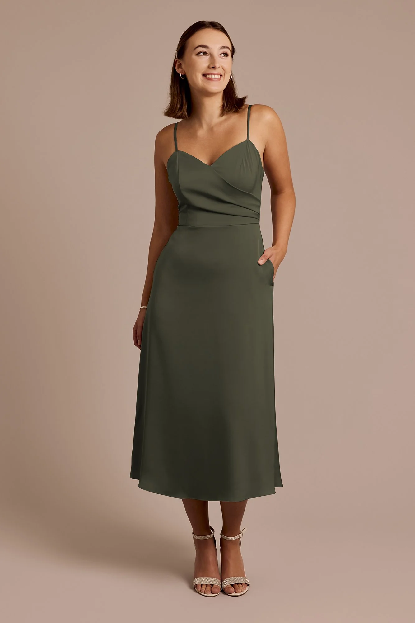 Matte Satin Spaghetti Strap Midi Dress - Image 25