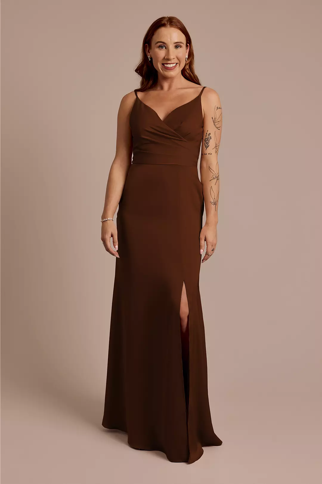 Matte Satin Spaghetti Strap Surplice A-Line Dress - Image 136