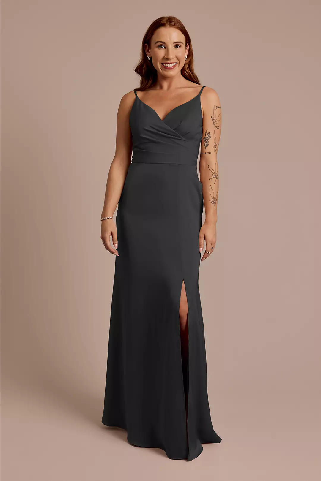 Matte Satin Spaghetti Strap Surplice A-Line Dress - Image 38