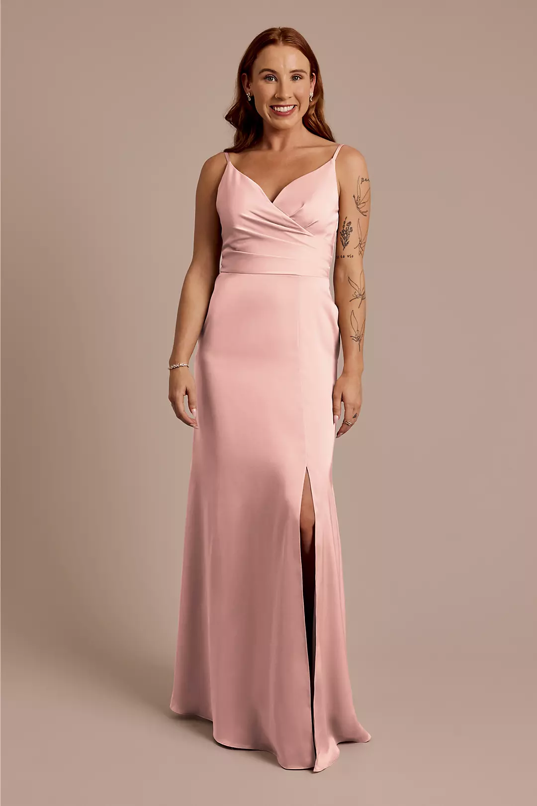 Matte Satin Spaghetti Strap Surplice A-Line Dress - Image 43