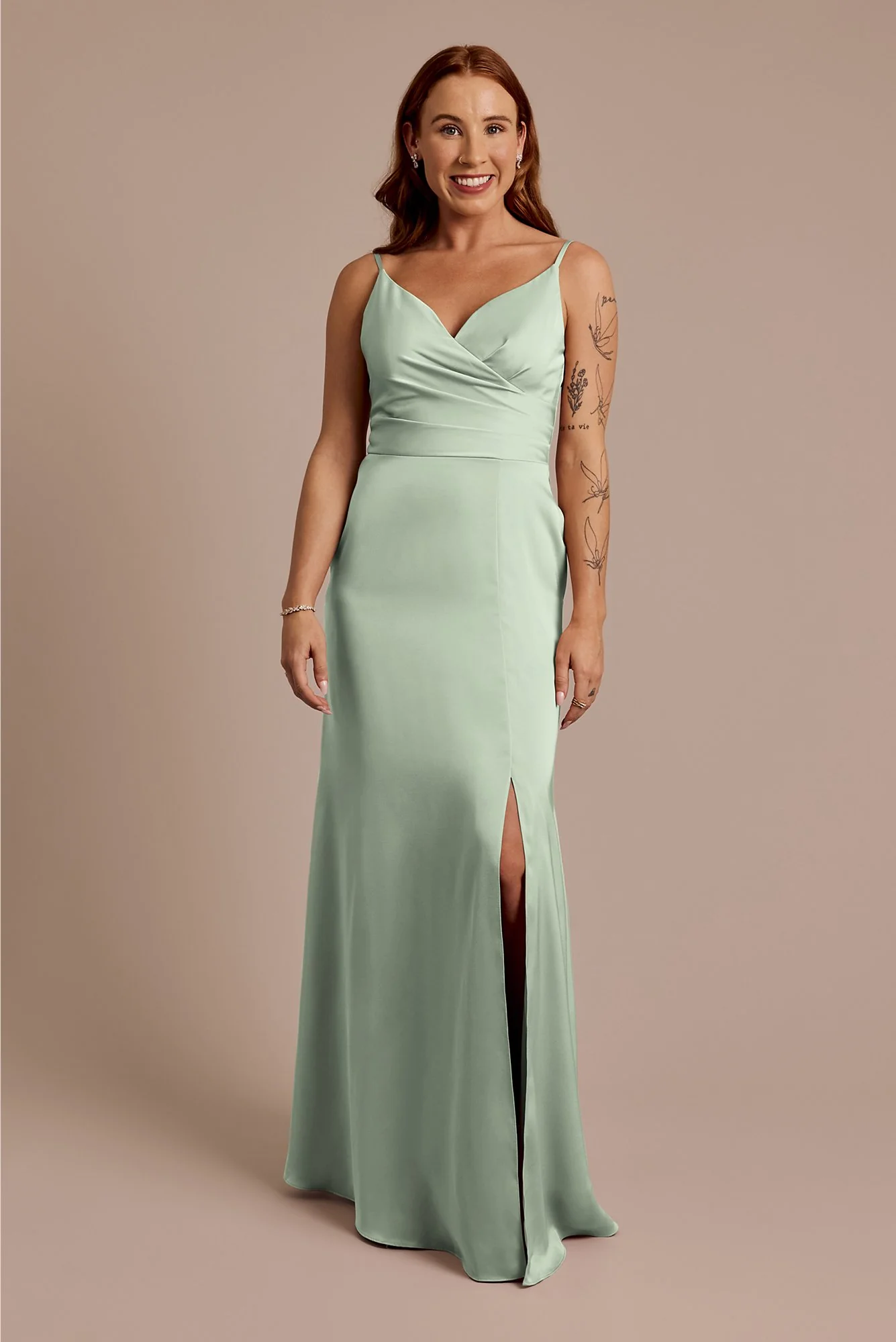 Matte Satin Spaghetti Strap Surplice A-Line Dress - Image 9