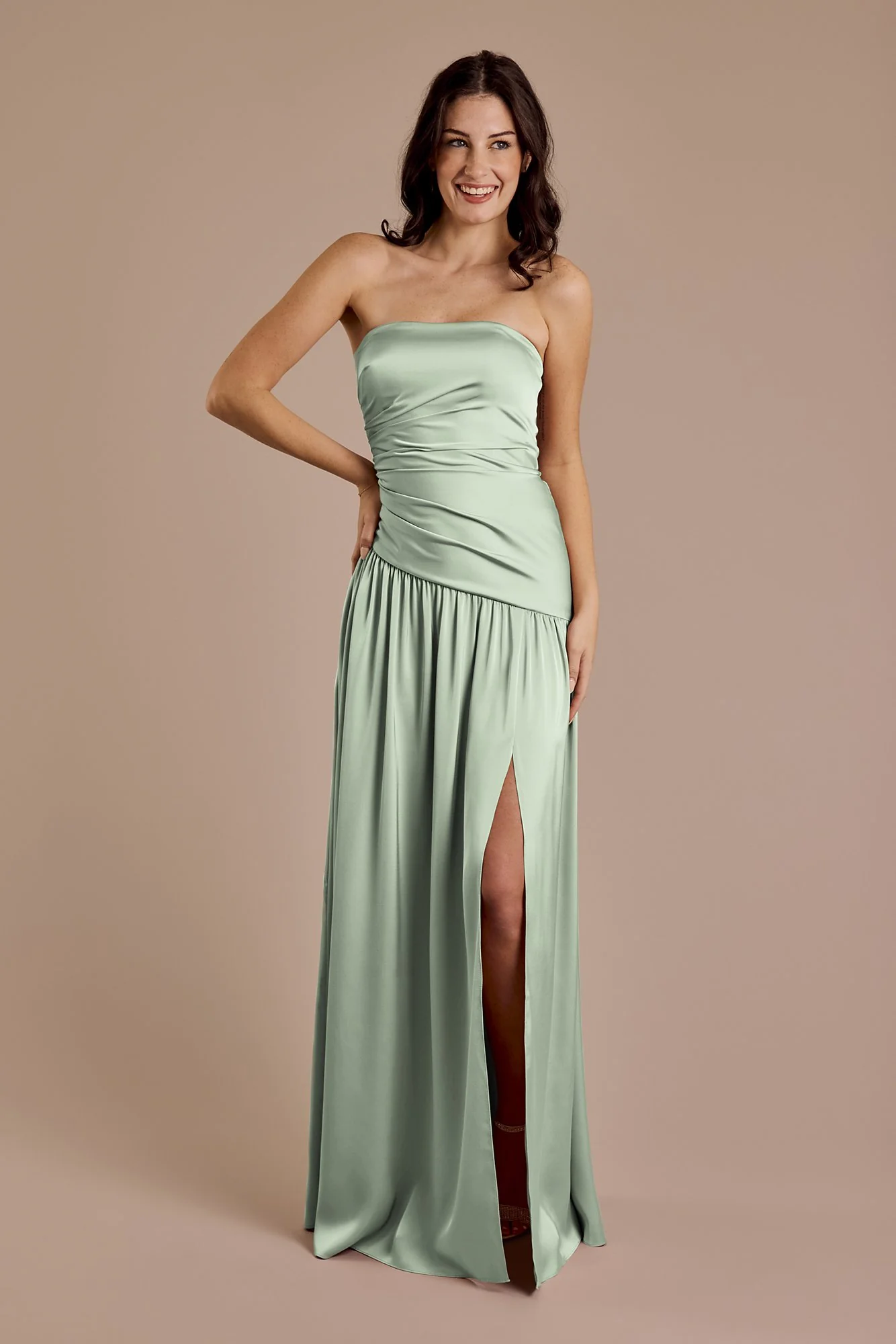 Matte Satin Strapless Drop Waist Dress - Image 12