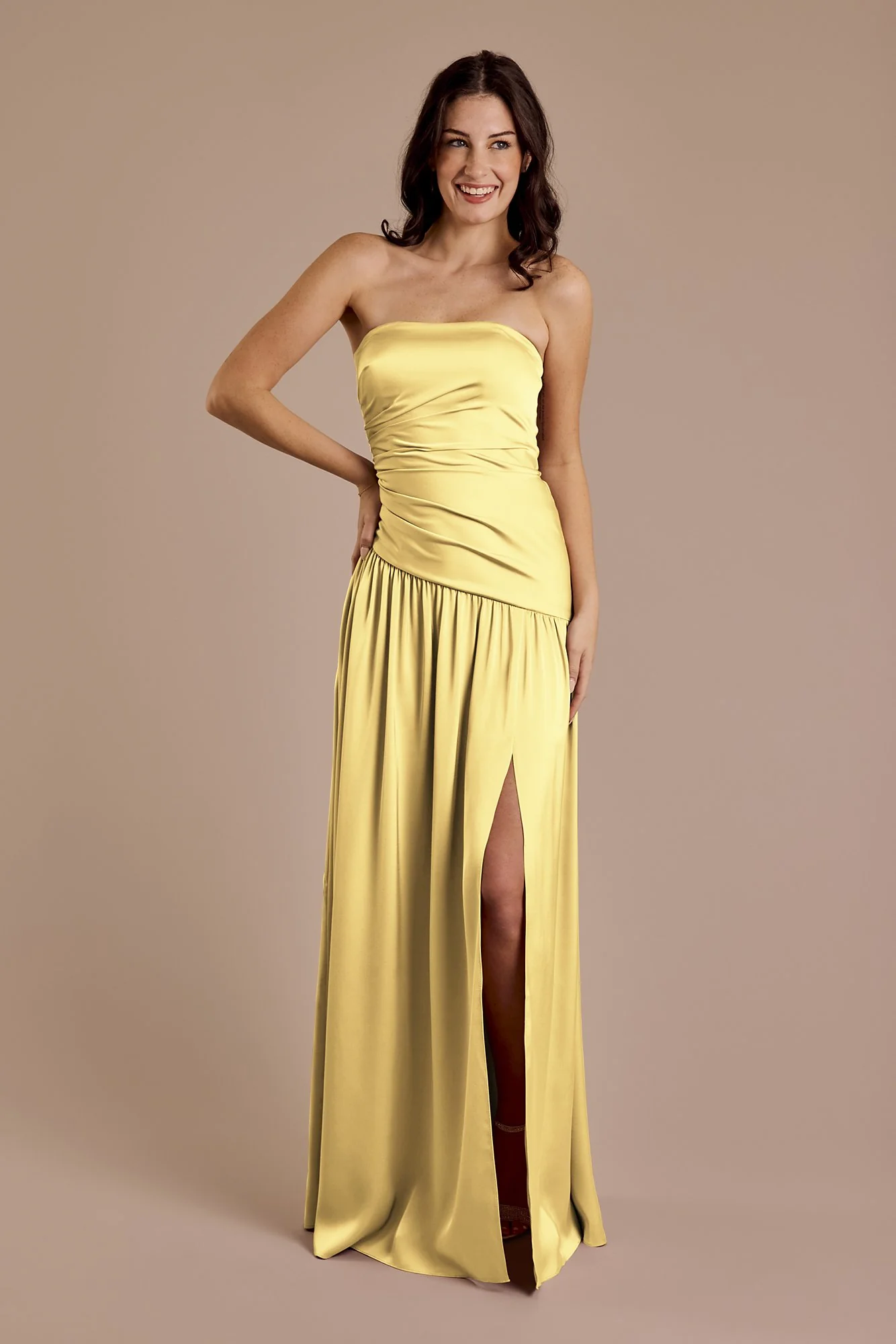Matte Satin Strapless Drop Waist Dress - Image 17
