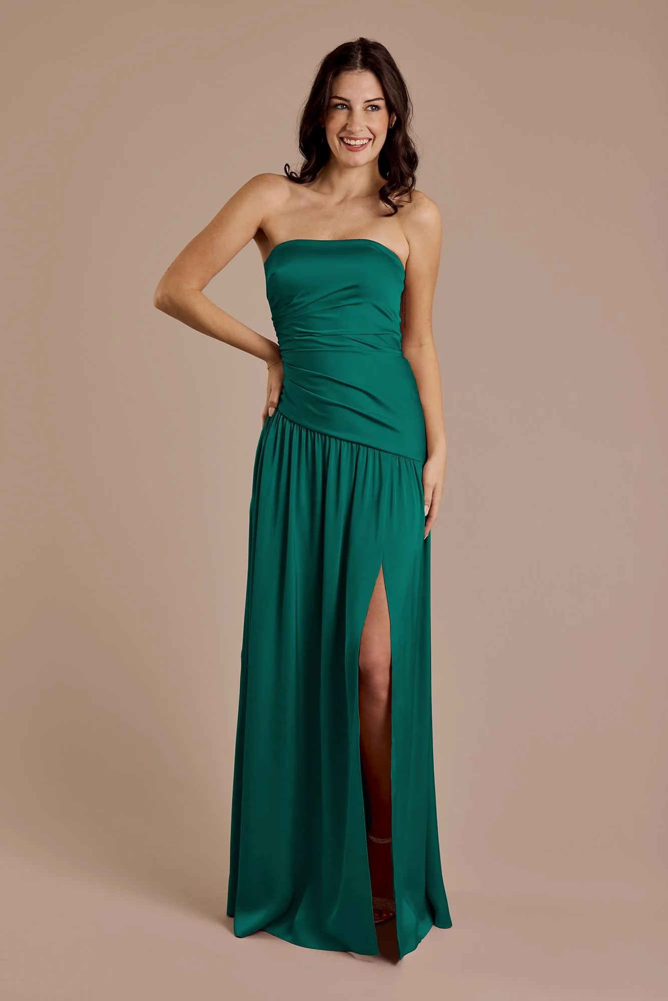 Matte Satin Strapless Drop Waist Dress - Image 18