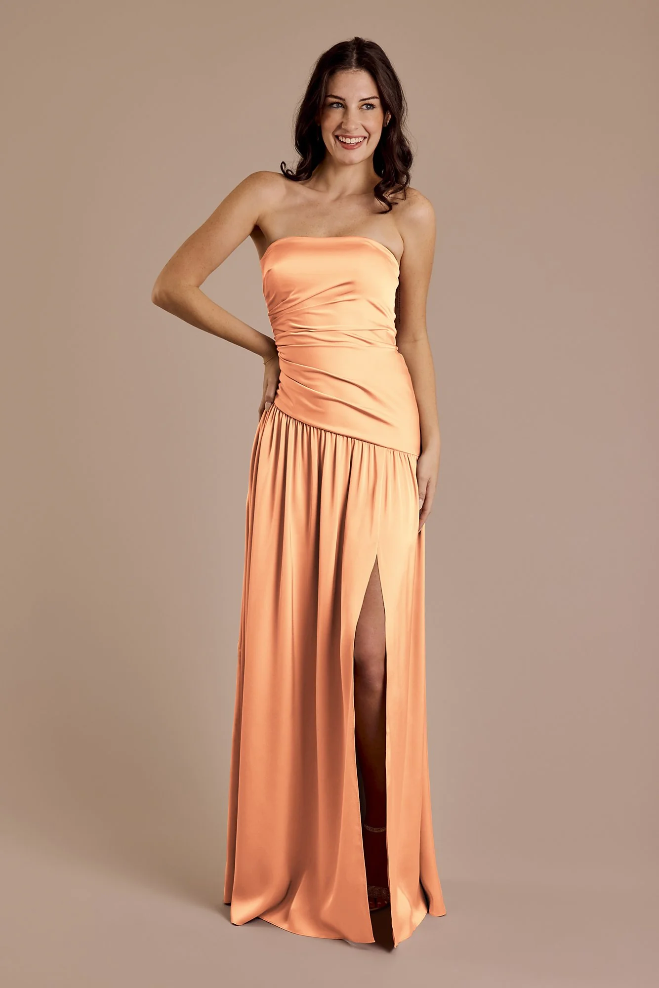 Matte Satin Strapless Drop Waist Dress - Image 19