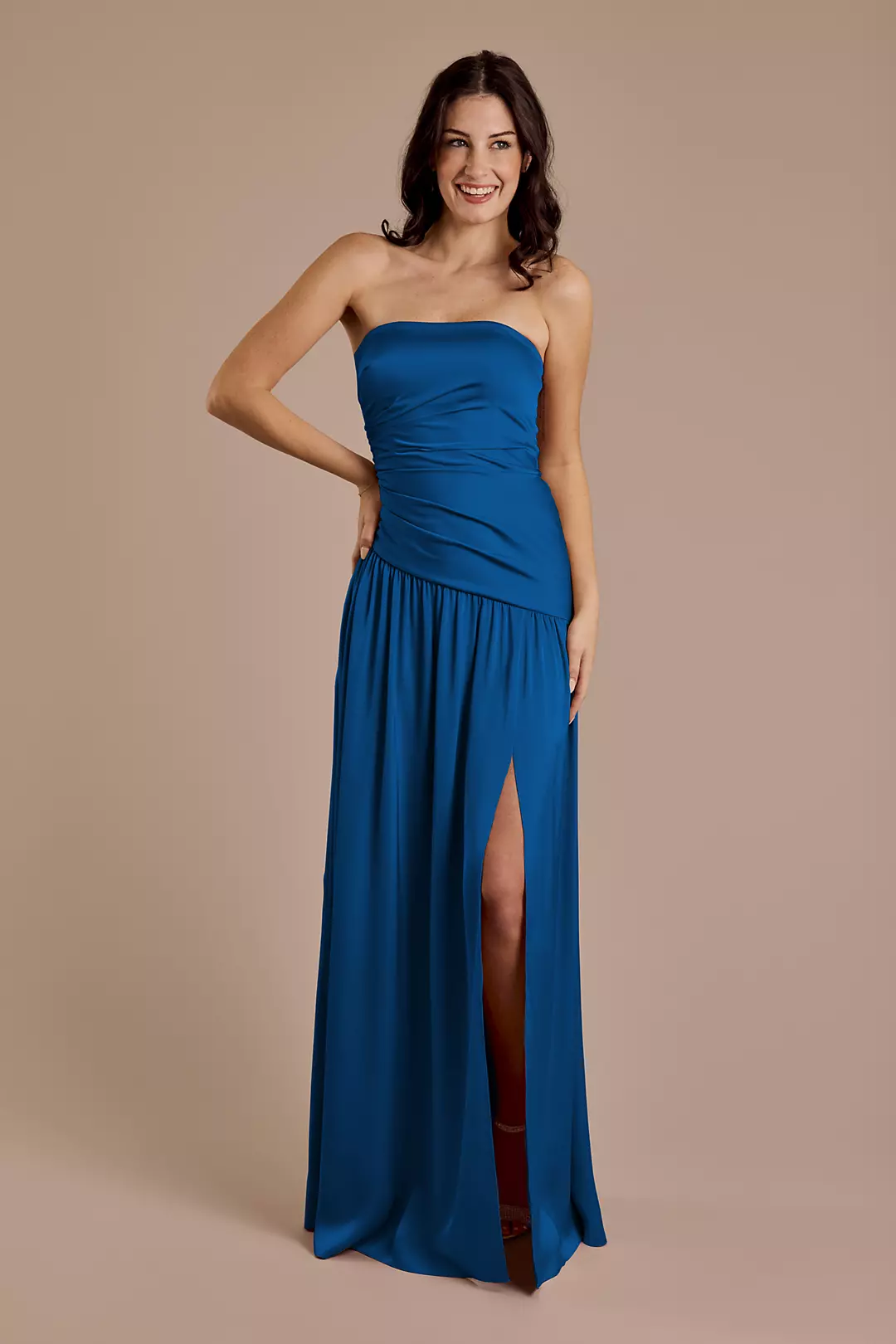 Matte Satin Strapless Drop Waist Dress - Image 34